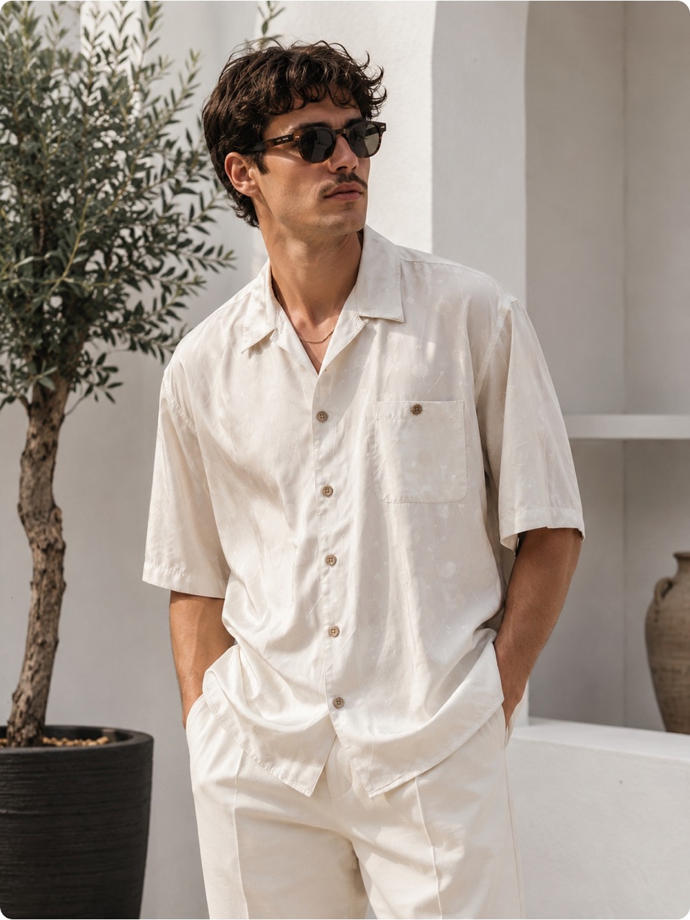 Vintage Bobby Chan 100% Silk Camp Collar Button-Up Shirt | Ivory Jacquard | XL